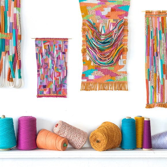 Various colorful weavings by Alicia Scardetta.