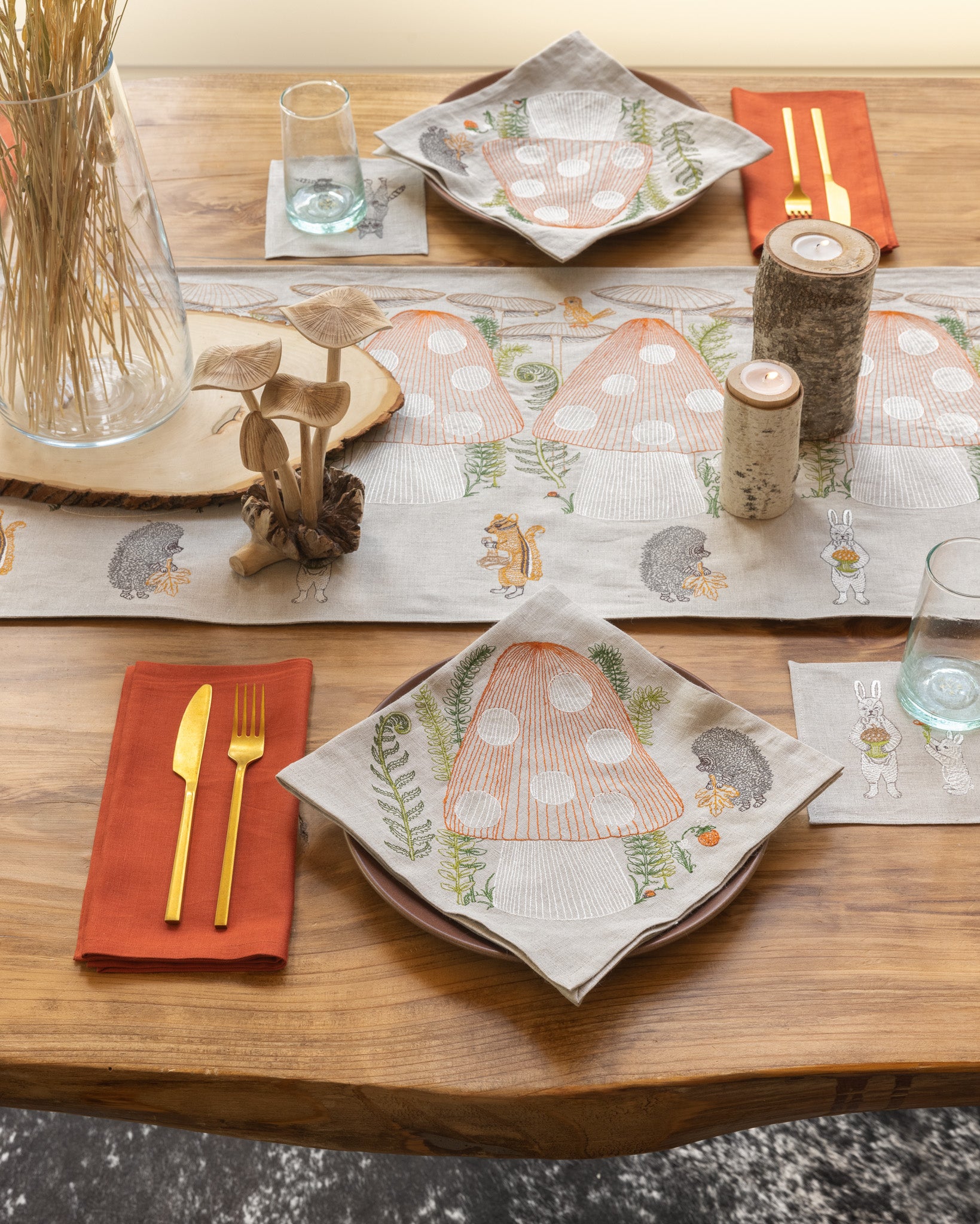 Coral & Tusk Mushroom Forest table runner and dinner napkins