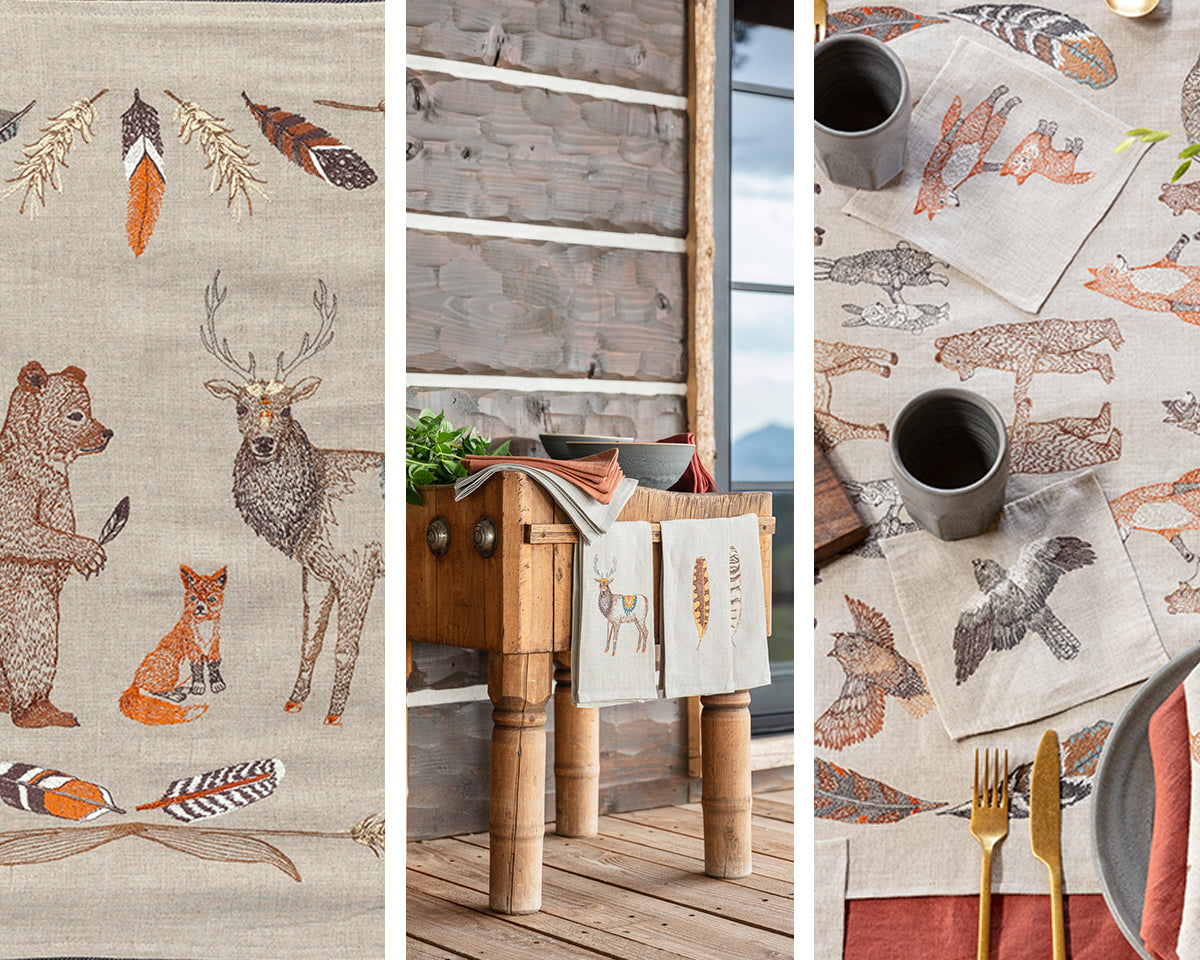 Coral and Tusk Thanksgiving Gift Guide. Image of Homecoming Table Runner embroidered detail, tea towels and cocktail napkins.