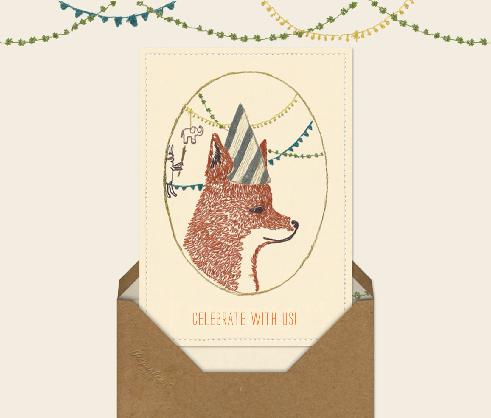 digital Image of Fox Birthday celebration card popping out of a kraft paper envelope