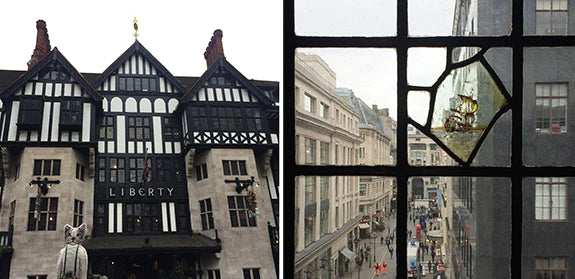 Exterior photo of Liberty of London on left, view from inside window with stained glass detail on the right.