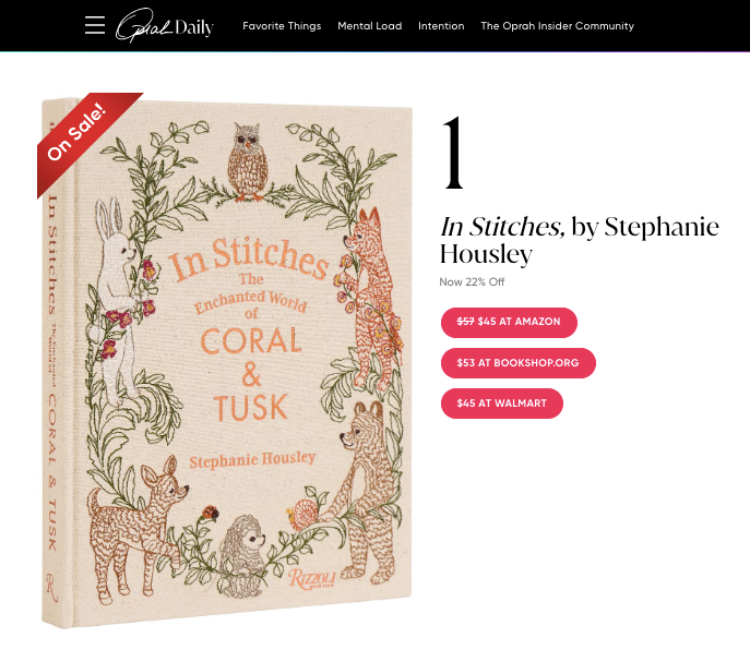 Oprah Daily best book gift list with In Stitches: The Enchanted World of Coral & Tusk at number 1