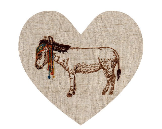 Embroidered Coral & Tusk Donkey on a linen heart shape