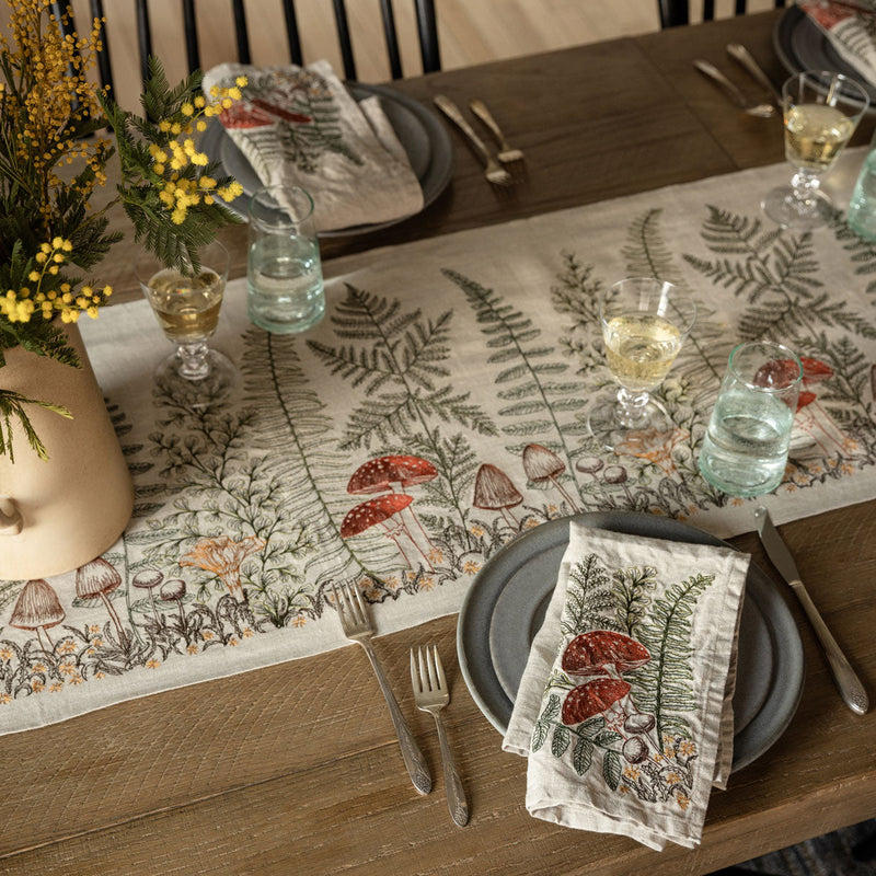 Embroidered Mushrooms and Ferns Table Runner and Dinner Napkins