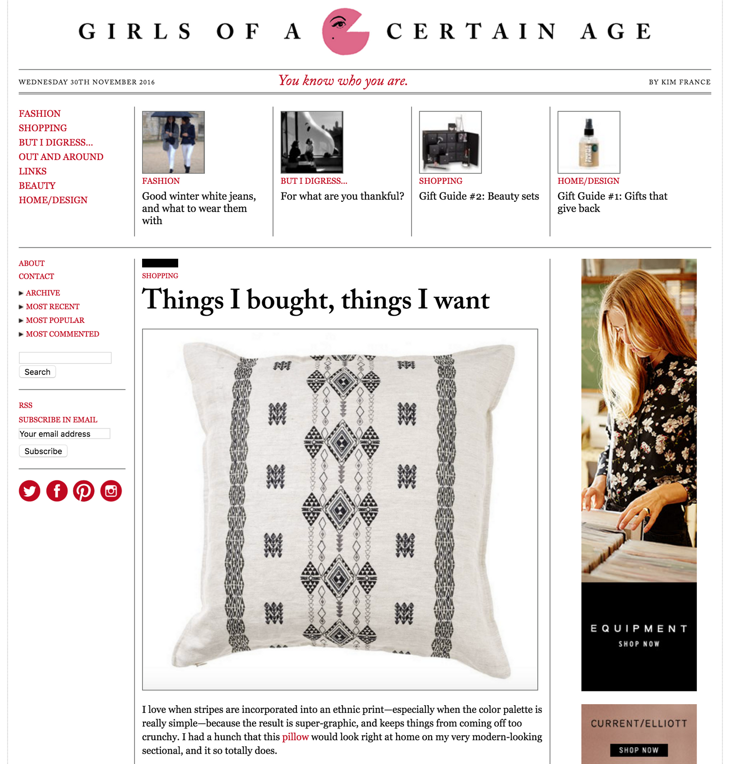 Girls of a Certain Age online article featuring Coral and Tusk embroidered pillow.