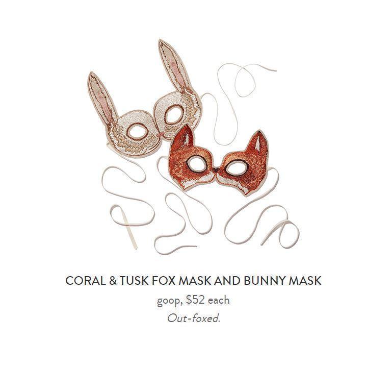 Image from the Goop gift guide featuring Coral and Tusk embroidered fox and bunny masks.