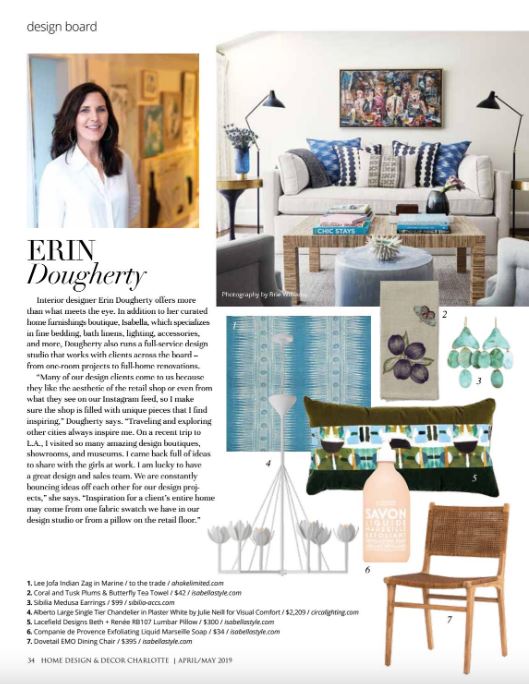 Article from Charlotte Home Design + Decor, Erin Dougherty of Isabella Home shares Coral & Tusk's Plum tea towel in a selection of curated home furnishings.
