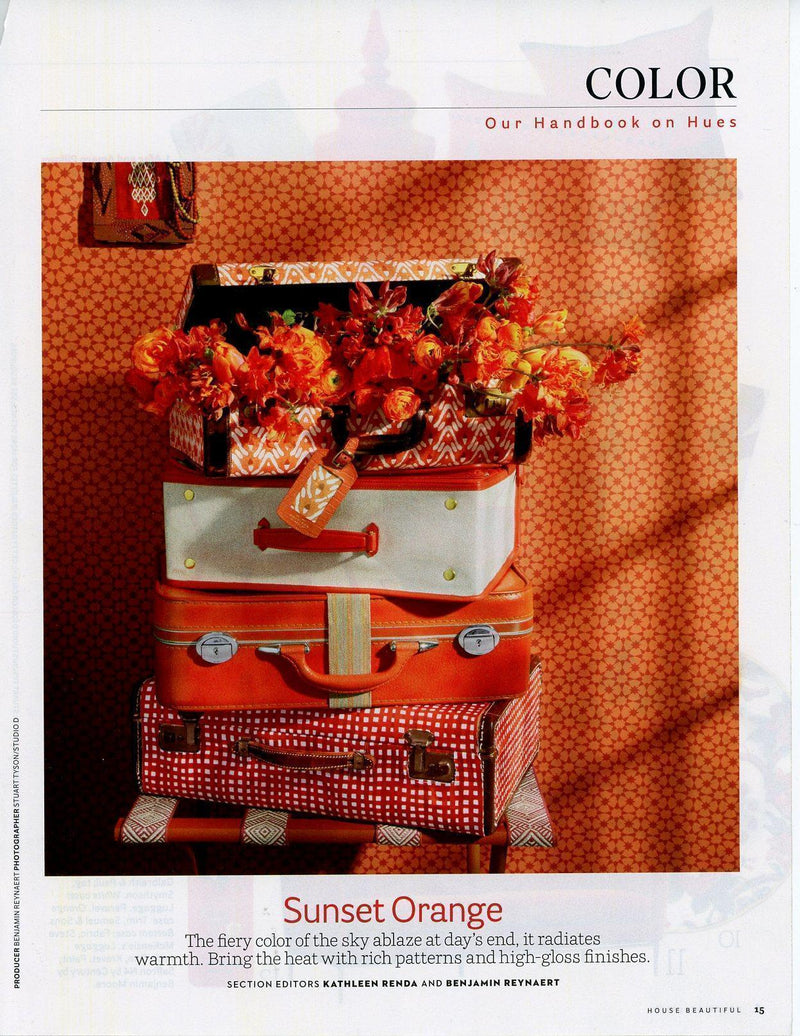 House beautiful color story featuring embroidered Coral & Tusk vermilion tumbleweed fabric
