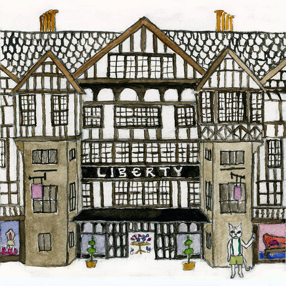 Illustration by Stephanie Housley of the exterior of Liberty London department store in London with Kitty Doll out front.