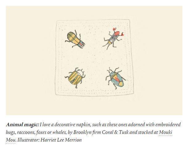 Image from wallpaper.com article featuring illustration of Coral and Tusk bug cocktail napkins.