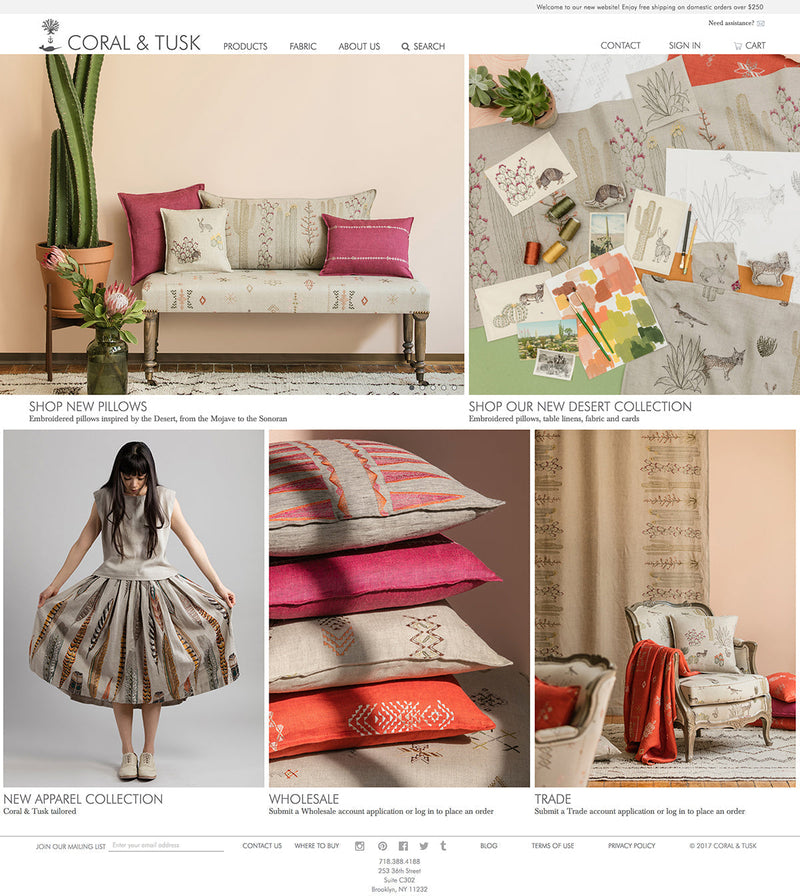 Coral and Tusk Website grid of images featuring cactus designs, pillows, fabric, and clothing.