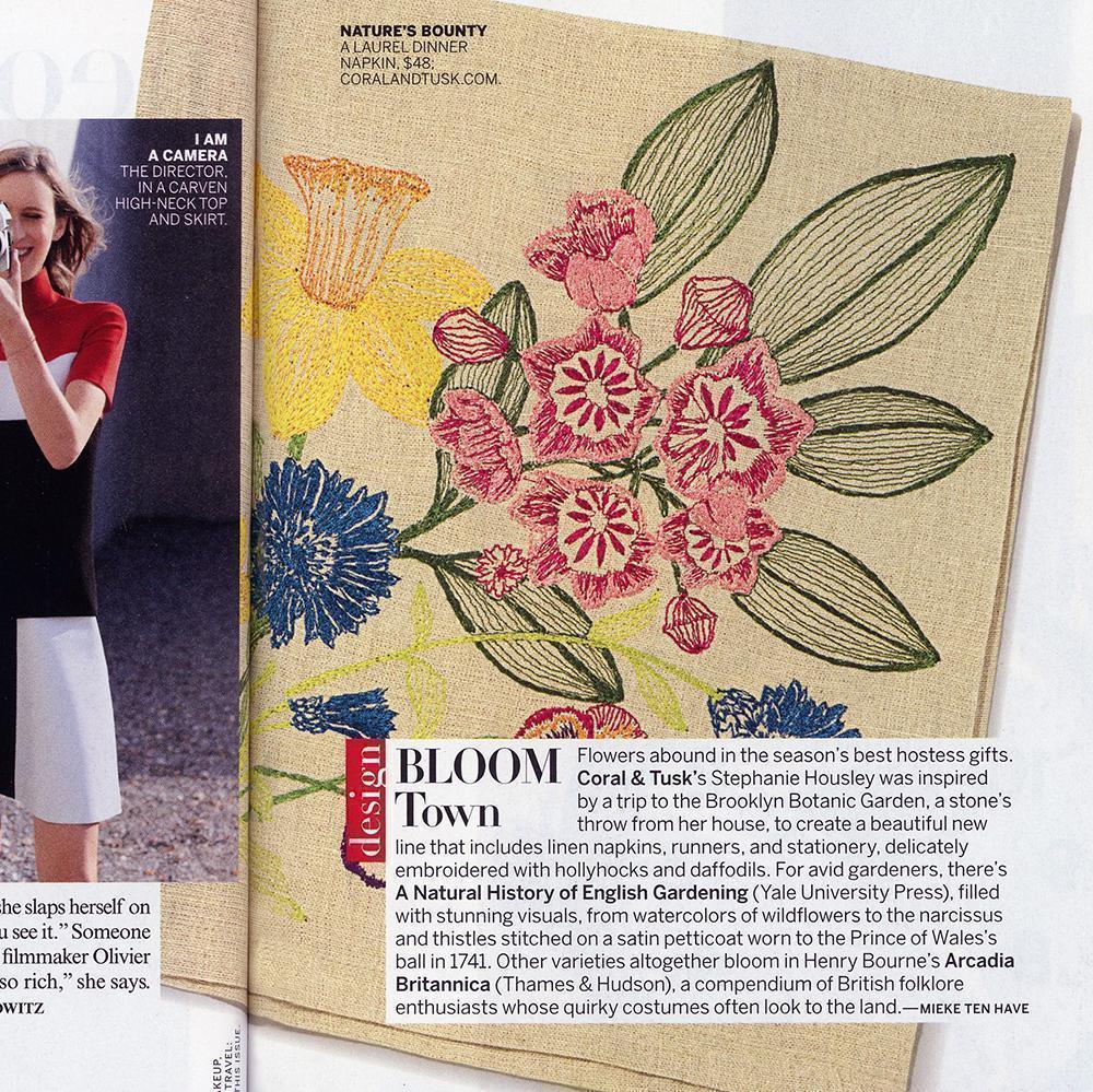 Vogue Magazine article from July 2015 featuring Coral and Tusk floral embroidered dinner napkin.