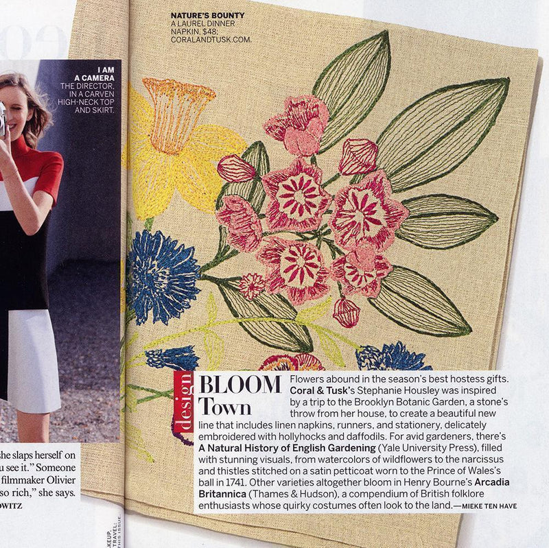 Vogue Magazine article from July 2015 featuring Coral and Tusk floral embroidered dinner napkin.