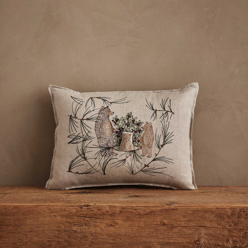 Coral & Tusk Briar Bears Pocket Pillow, 12x16 inch natural linen pillow with embroidered bear family snacking on blackberries, with removable bear cub pal.