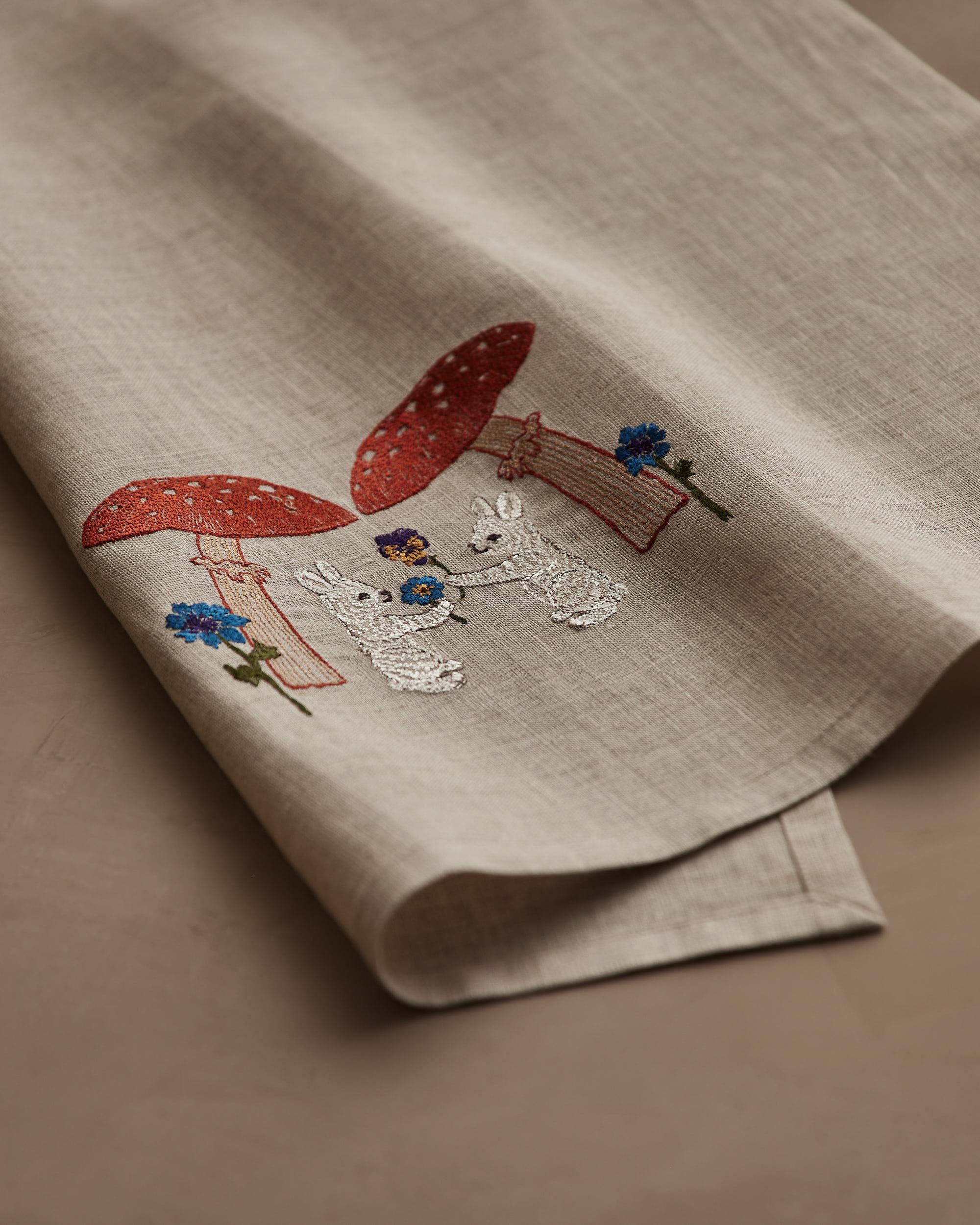 Mushroom Bunny Friends Tea Towel