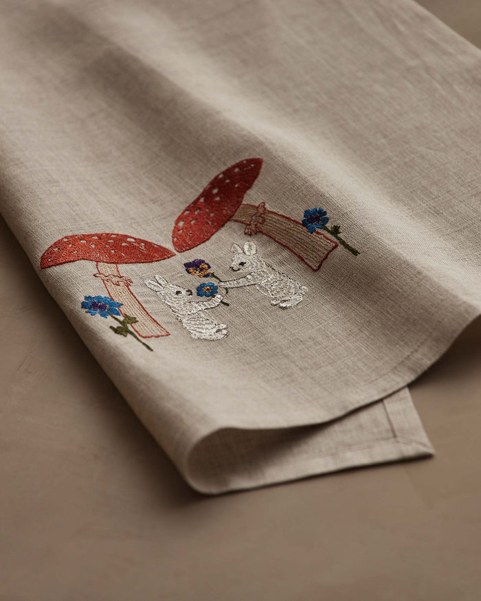 Mushroom Bunny Friends Tea Towel