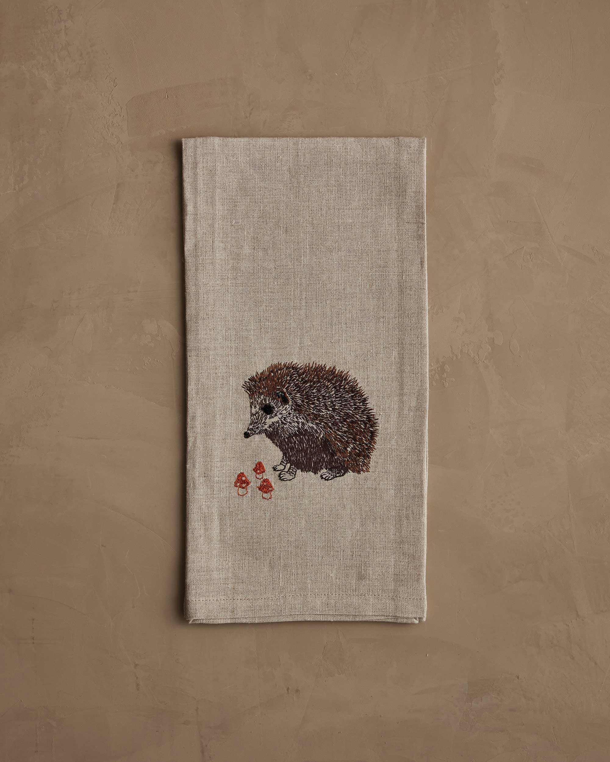 Hedgehog with Mushrooms Tea Towel