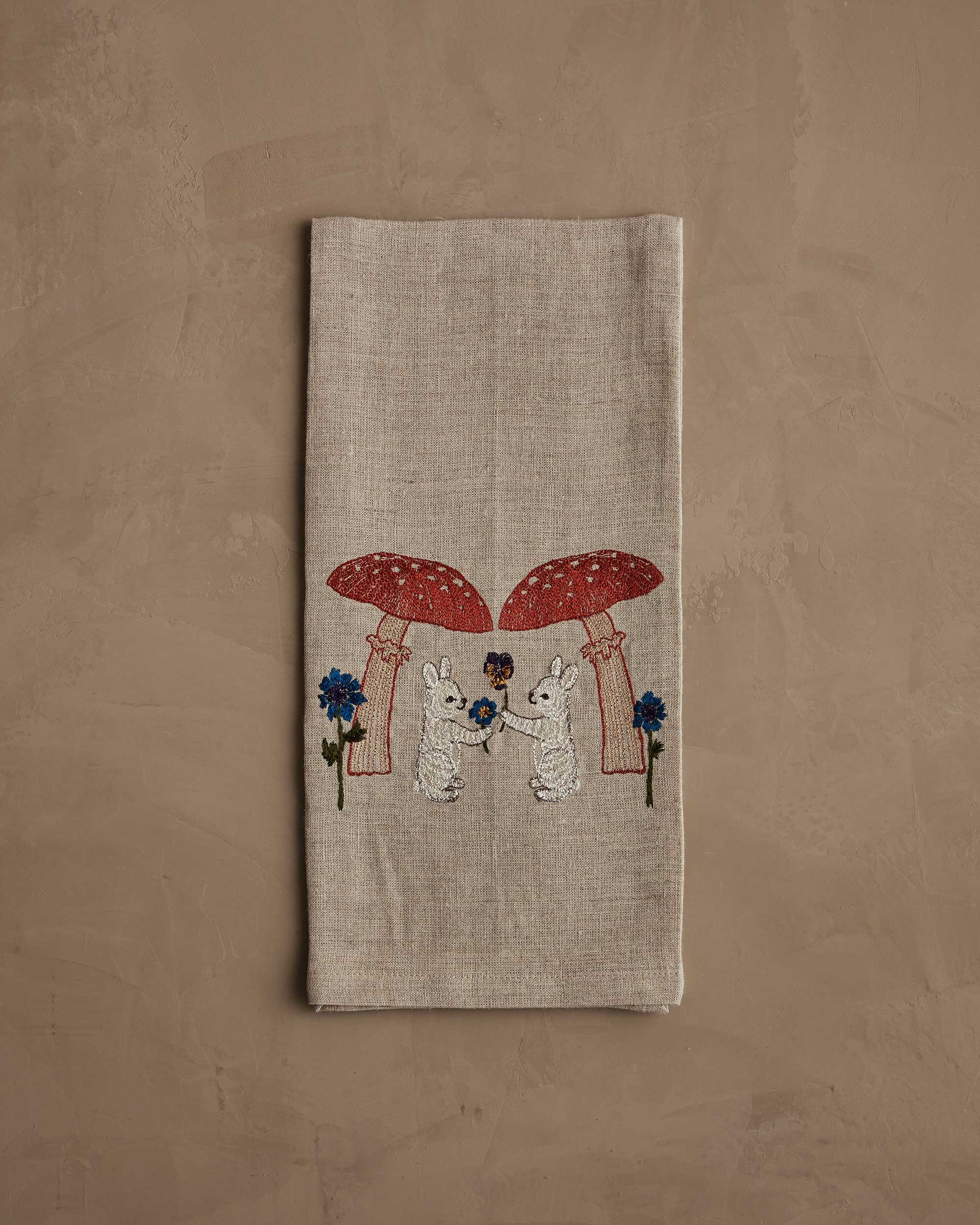 Mushroom Bunny Friends Tea Towel