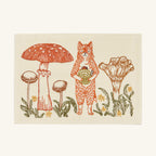 A Seconds Sale Fox with Mushrooms Card #1 featuring an embroidered illustration of a standing orange fox holding a small, round, green-and-white object, surrounded by three large mushrooms and small leafy plants with tiny yellow flowers on handmade paper.