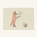 On this Seconds Sale Sparklers Card #1 by Coral & Tusk, an embroidered fox in striped arm warmers stands on its hind legs holding a glowing sparkler above a small monkey with a sparkler, stitched in rust, brown, and blue thread on a natural cotton background.