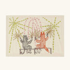 A grey cat and an orange fox hold sparklers beneath embroidered fireworks on this Coral & Tusk Seconds Sale Summer Celebration Card, which features delicate needlework on a light-colored fabric background.