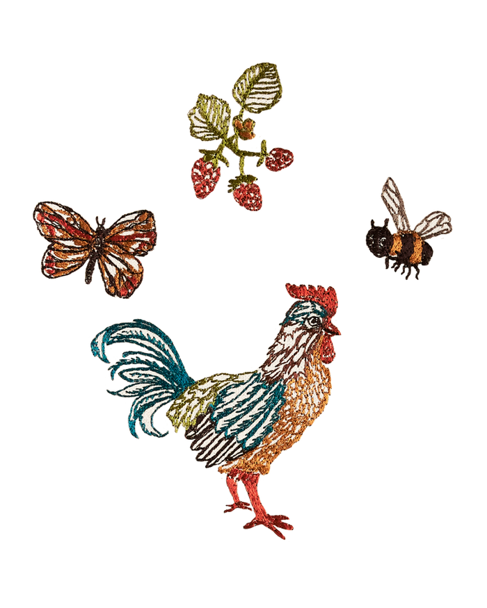 Coral & Tusk embroidered illustration of a rooster, butterfly, berries, and bee.