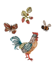 Coral & Tusk embroidered illustration of a rooster, butterfly, berries, and bee.