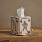 Coral & Tusk embroidered ABC Tissue Box Cover designed like a classic ABC block, featuring different animals on each side—including foxes, dogs, a cat, and a bear—forming letters and reading ABC books, with a border of nostalgic pull-toys.